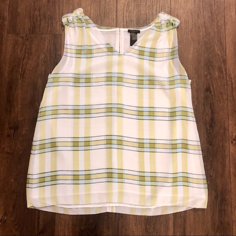 Ann Taylor Sleeveless Blue Green Plaid Blouse White Liner Ruffle Detail